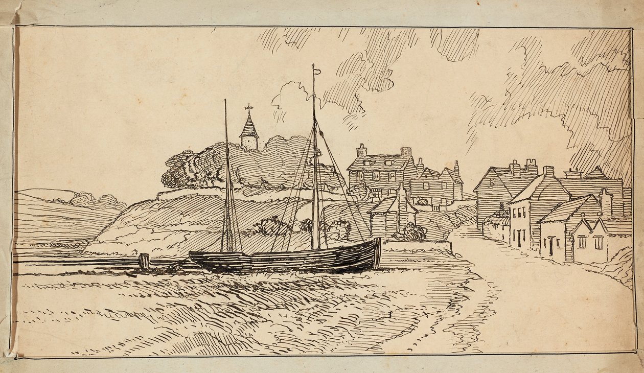 Una barca a vela sulla spiaggia con la bassa marea, vicino a una strada che porta verso un villaggio da Charles George Harper