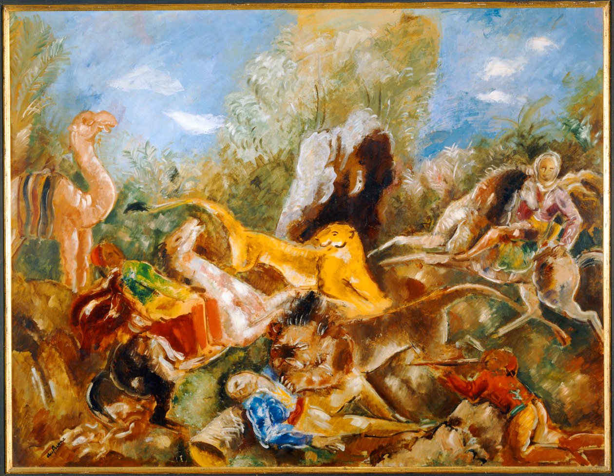 La chasse au lion - La caccia al leone... (olio su carta) da Charles Georges Dufresne