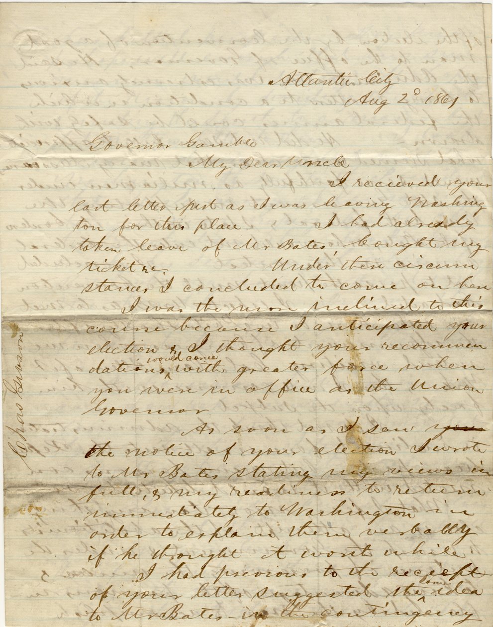 Lettera firmata C. Gibson [Charles Gibson], Atlantic City, al governatore Gamble [Hamilton R. Gamble], 2 agosto 1861 da Charles Gibson