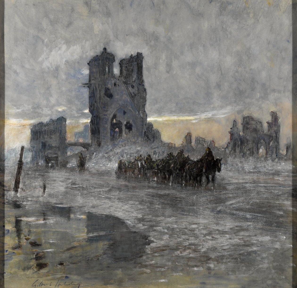 Trasporti trainati da cavalli, possibilmente un treno di artiglieria, che passano davanti alla Sala dei Tessuti in rovina, Ypres da Charles Gilbert Holiday