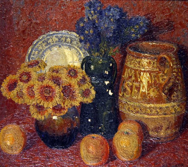 Natura morta: fiori, ceramica e mele da Charles Ginner