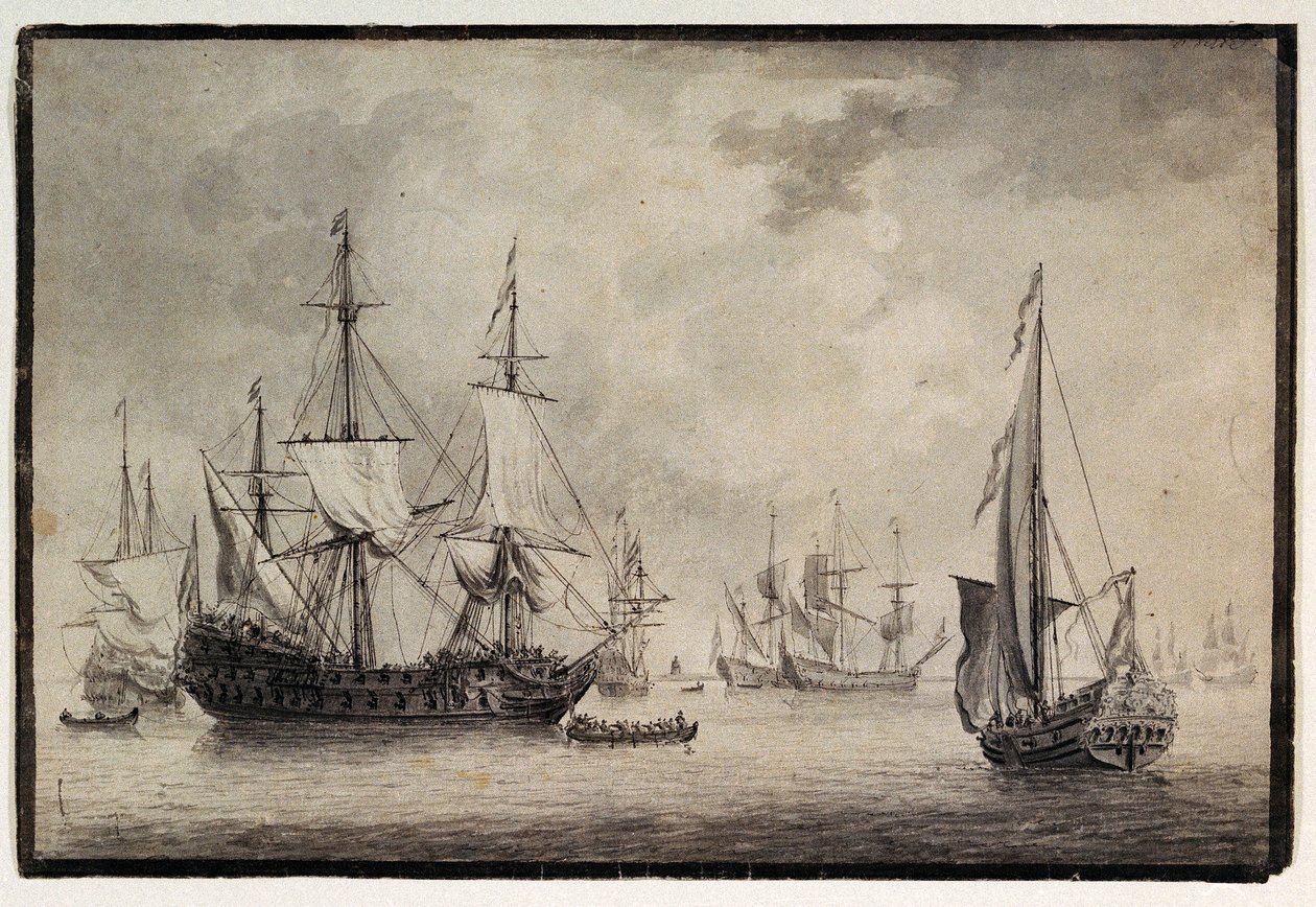 Nave da guerra olandese, yacht di stato e navi lontane in un porto, fine XVIII secolo da Charles Gore