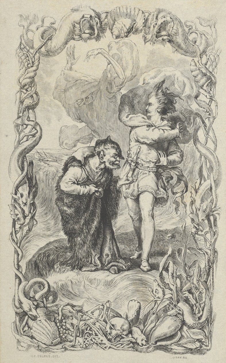 Illustrazione per La Tempesta: Calibano, Ferdinando e Ariel da Charles Gray