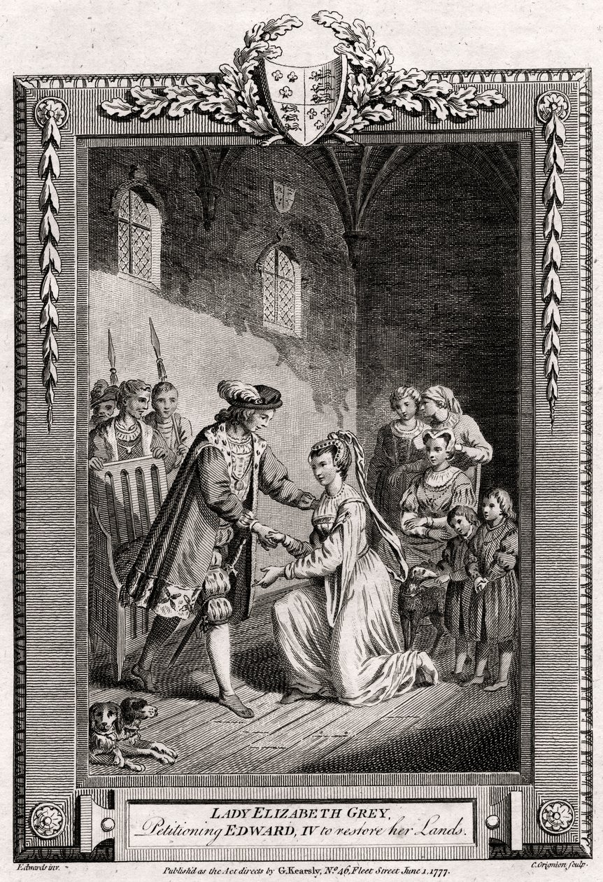 Lady Elizabeth Grey, che chiede a Edoardo IV di restituirle le sue terre, XV secolo, 1777 da Charles Grignion