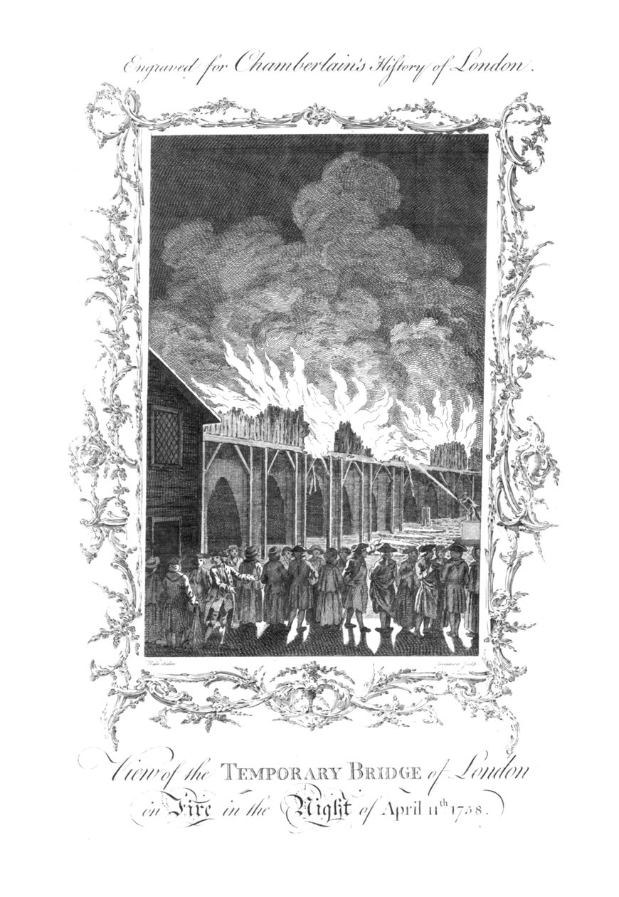 Vista del Ponte Temporaneo di Londra in fiamme...1758., c1770 da Charles Grignion