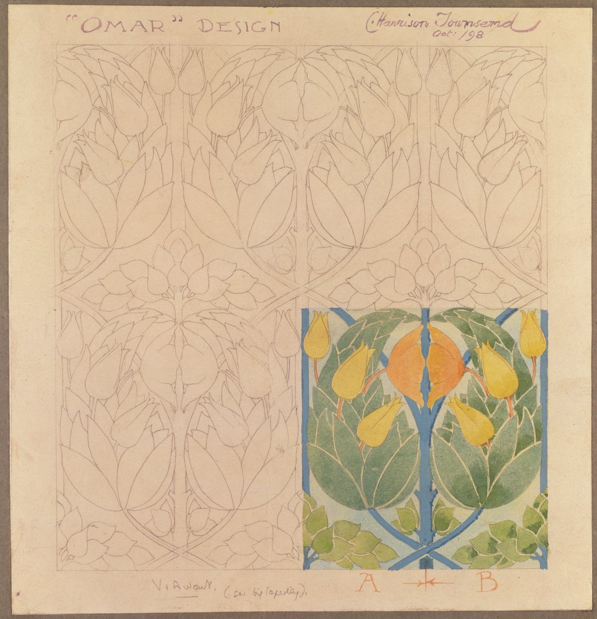 Omar, design per un doppio tessuto di seta e lana, 1898 da Charles Harrison Townsend
