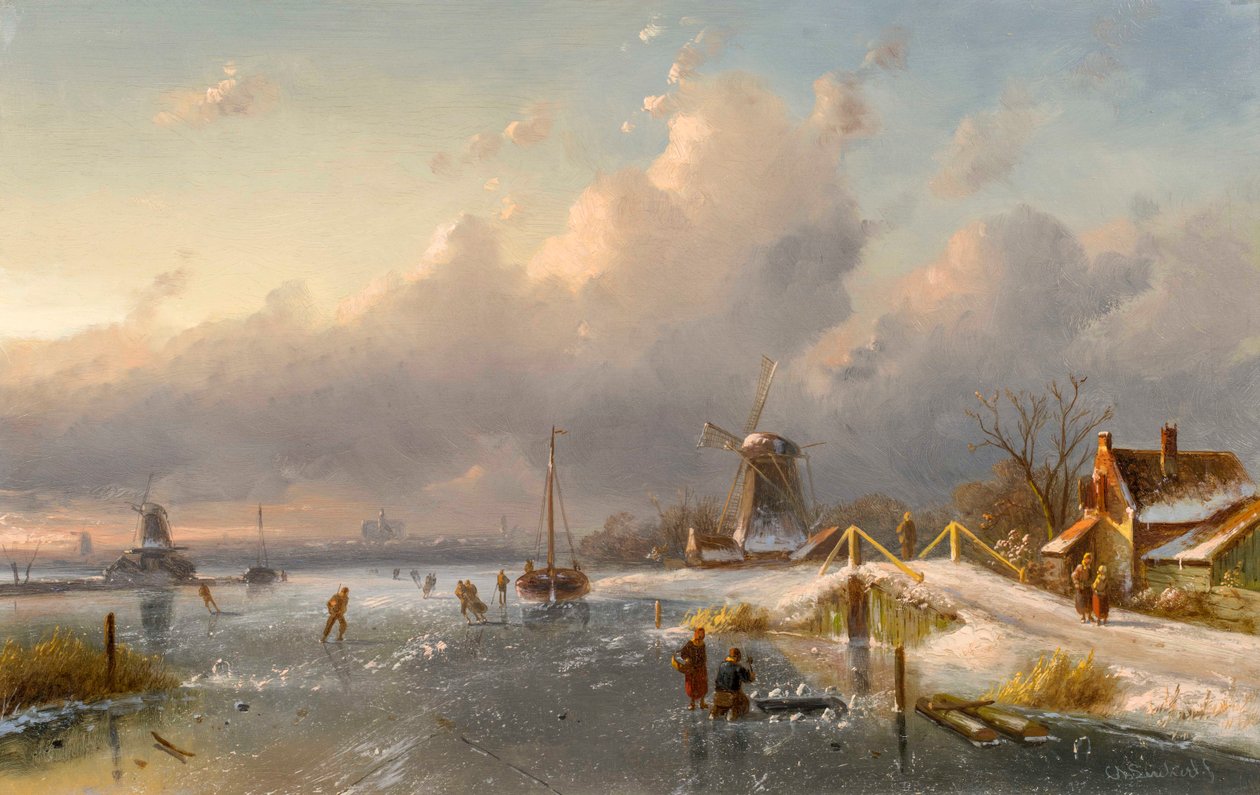 Paesaggio invernale con mulini a vento e pattinatori su un corso d