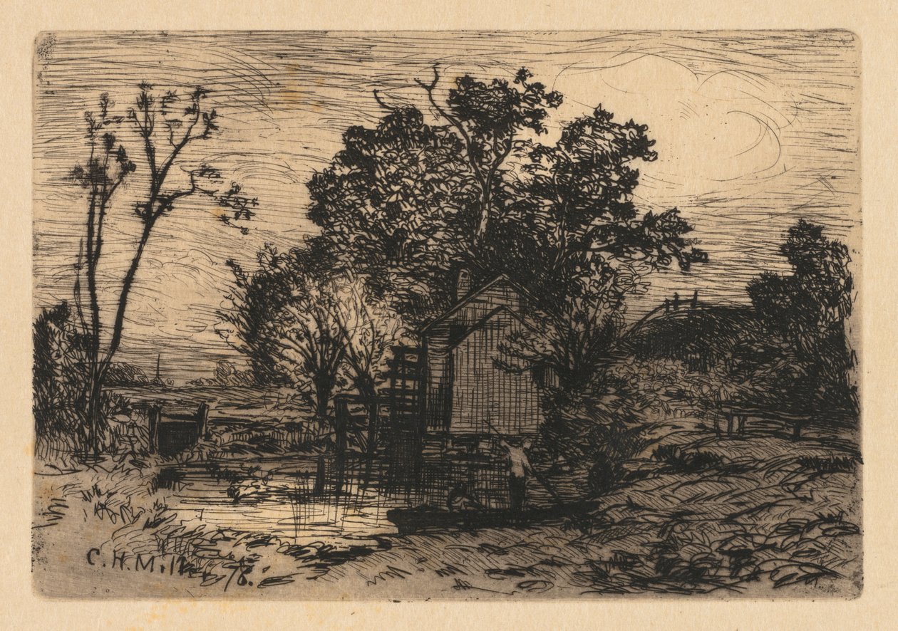 Cottage e due figure in barca da Charles Henry Miller