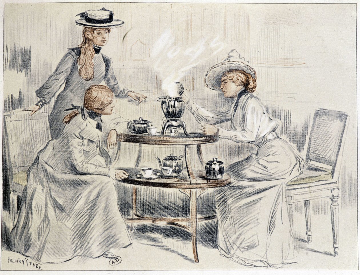 Signore che prendono il tè intorno a un piccolo samovar - disegno di Henri Tenré, ca. 1910 da Charles Henry Tenre