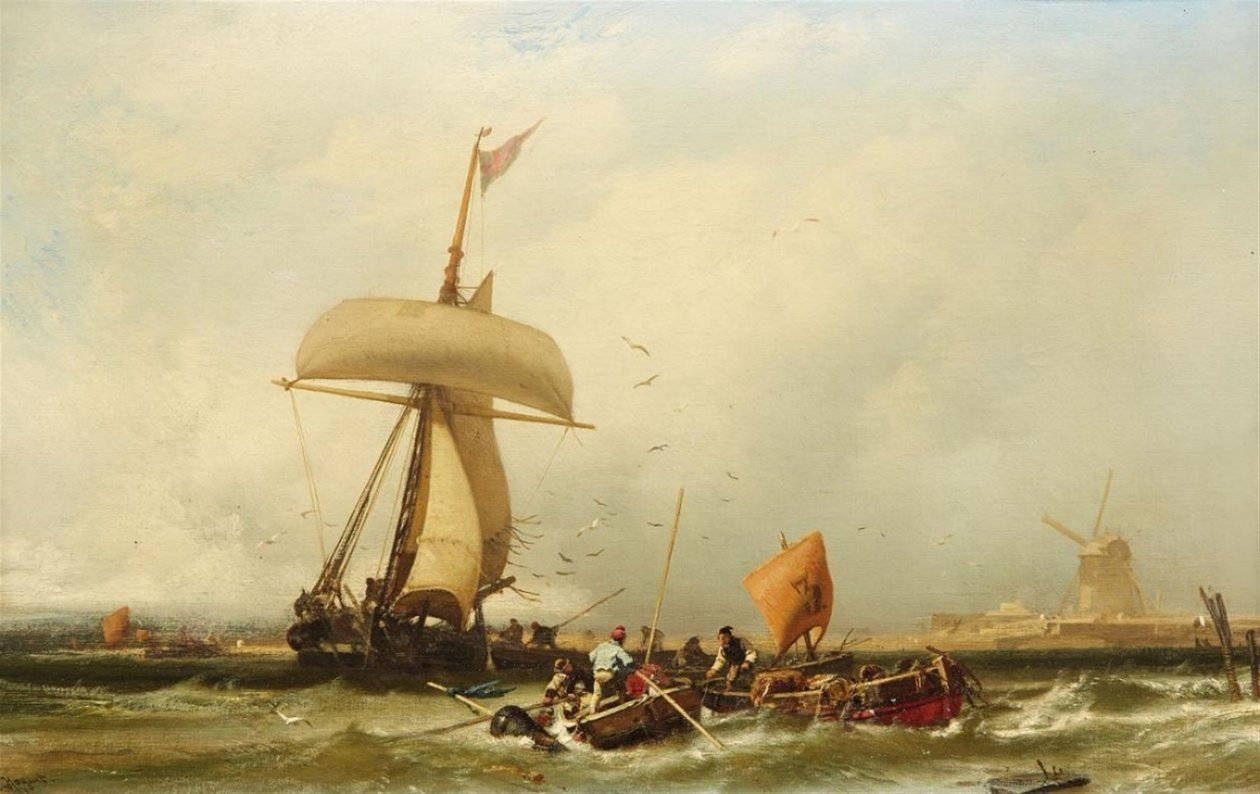 Tedesco: Vista della costa olandese con nave e barche a vela Vista della costa olandese con nave e barche a vela da Charles Hoguet