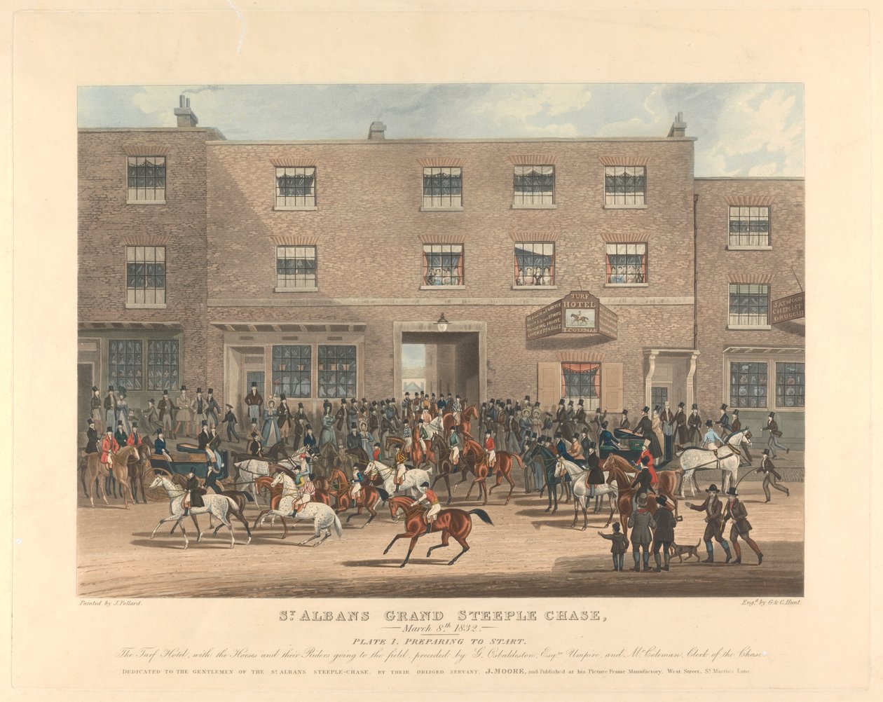 Steeple-chasing [serie di sei]: St. Albans Grand Steeple Chase. / 8 marzo 1832. Piatto 1. Preparazione alla partenza... da Charles Hunt