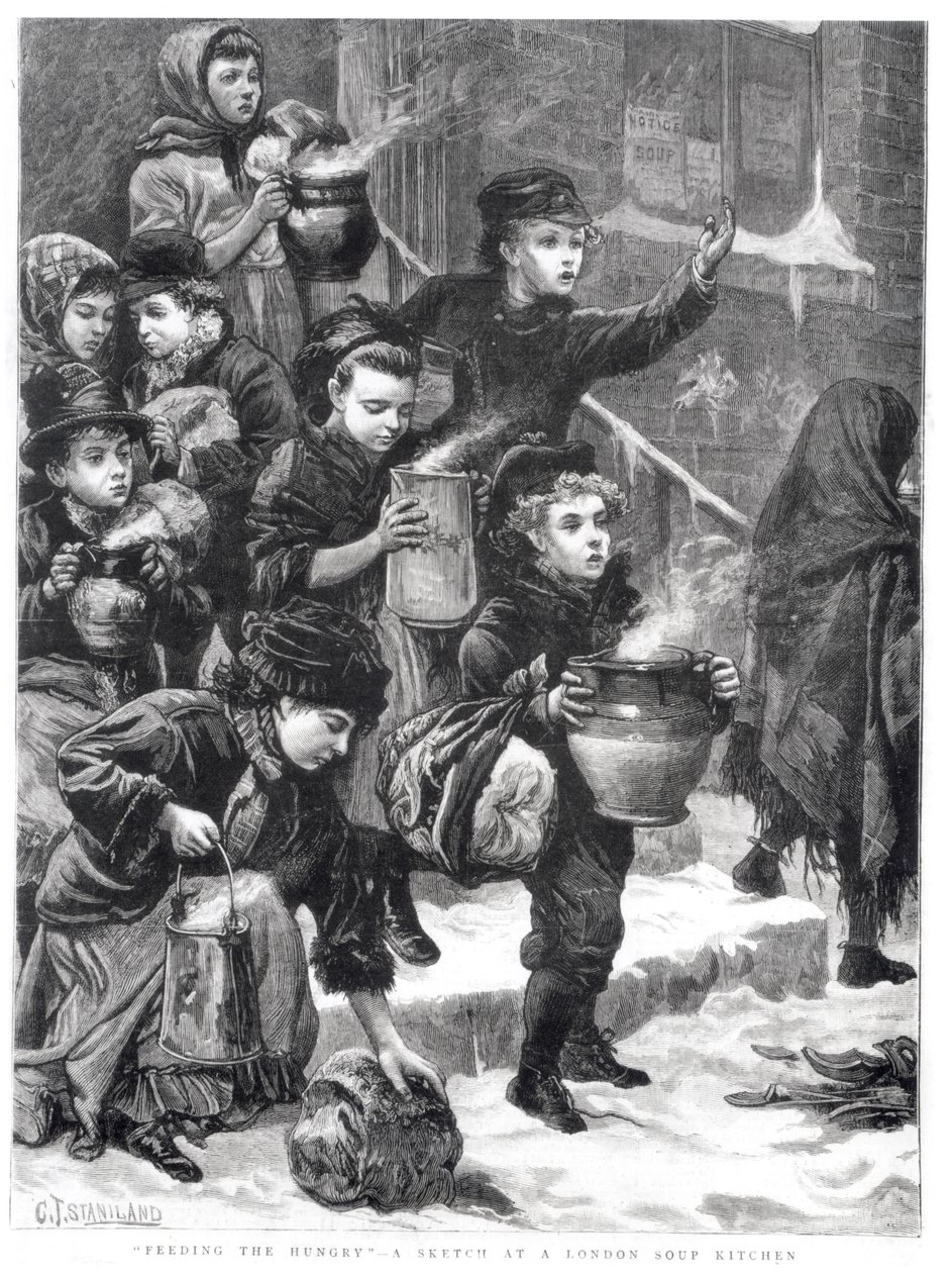 Nutrire gli affamati, una mensa dei poveri a Londra, 1880 da Charles J. Staniland