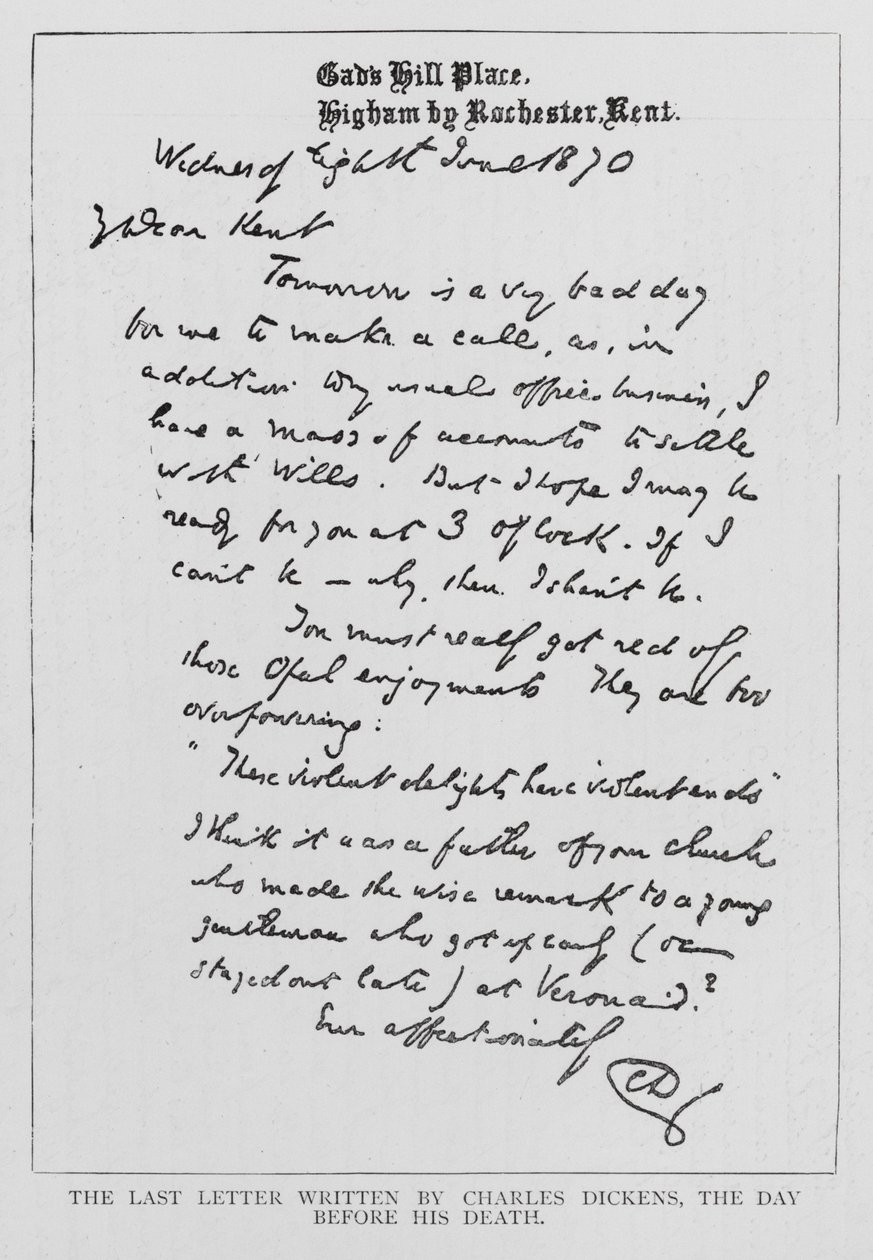 Ultima lettera scritta da Charles Dickens prima della sua morte (incisione) da Charles John Huffam Dickens