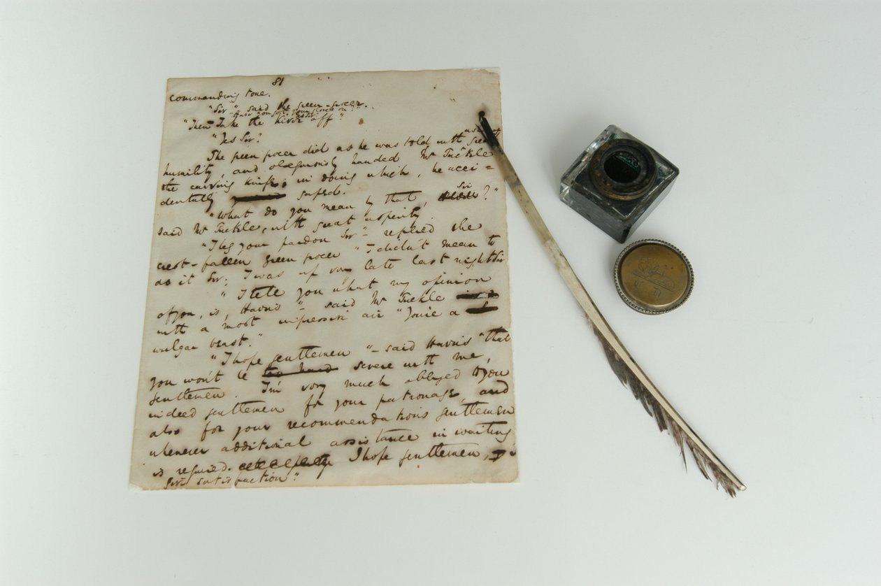 Manoscritto dei Pickwick Papers, c.1837, e penna e inchiostro di Dickens, fotografato negli anni 2000 da Charles John Huffam Dickens