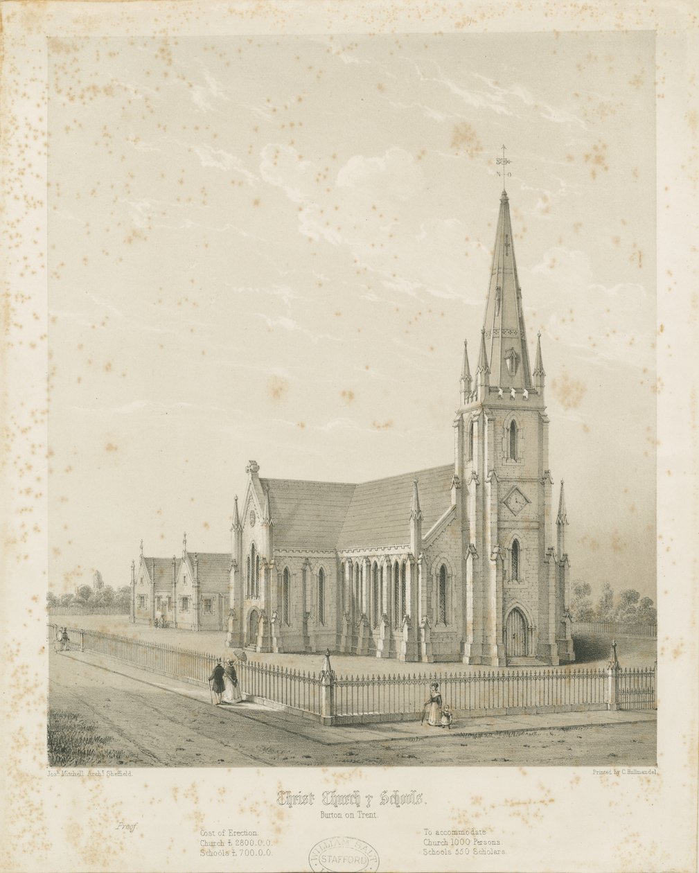 Burton-upon-Trent - Chiesa di Cristo e scuole: incisione, nd [1789-1850] da Charles Joseph Hullmandel
