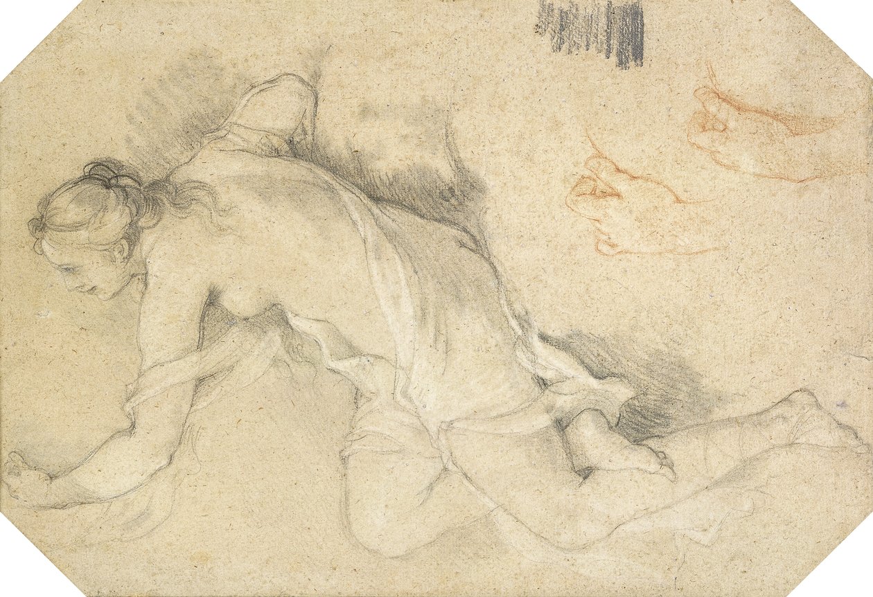 Una Giovane Donna Nuda Seduta di Profilo a Sinistra, Alzando il Braccio Sinistro, e Due Studi Sussidiari della Sua Mano Sinistra da Charles Joseph Natoire