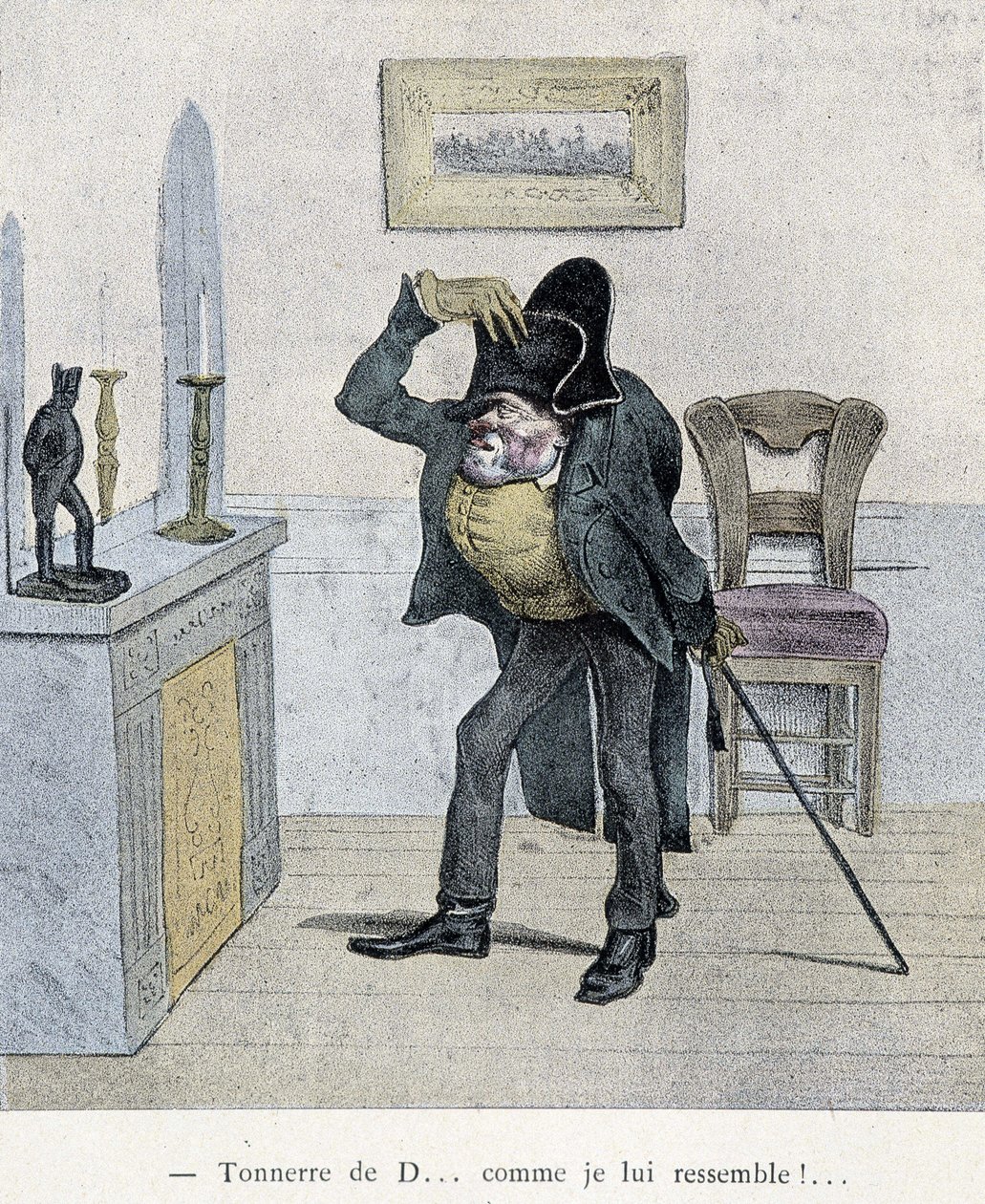 Tuono di D... come gli somiglio!... Caricatura di Travies del XIX secolo che raffigura un uomo che si confronta con una statuetta di Napoleone. da Charles Joseph Travies de Villiers