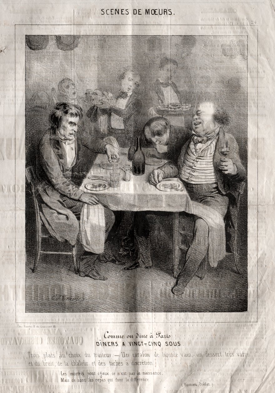 Scene di costumi: Come si cena a Parigi. Cene a venticinque sous. Tre piatti a scelta del ristoratore... da Charles Joseph Traviès de Villers