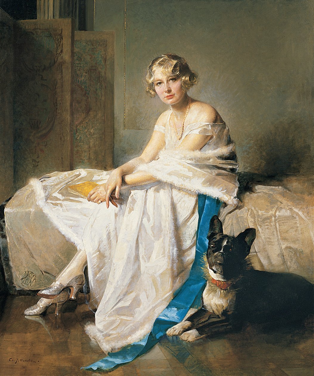 Una signora elegante con il suo bulldog francese in un interno, 1925 circa (olio su tela) da Charles Joseph Watelet
