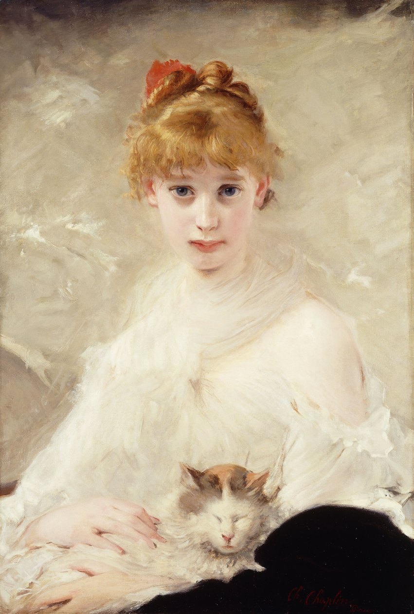 Giovane ragazza con gatto da Charles Joshua Chaplin