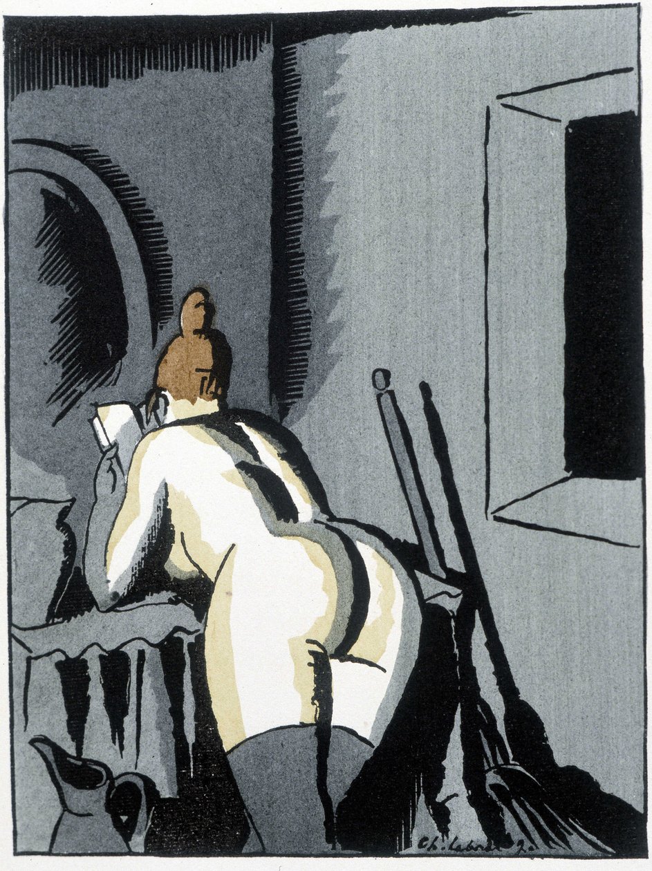 Donna nuda, di schiena, che legge - in "Le negre Leonard" di Pierre Mac Orlan, ill. di Chas. Laborde da Charles Laborde