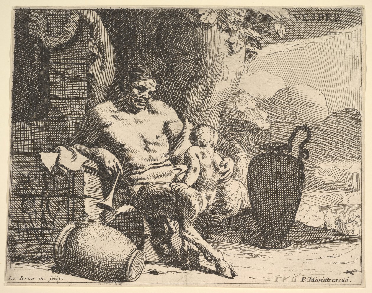 Sera: un satiro seduto abbraccia il suo bambino, una figura appende una ghirlanda su un pilastro oltre, ca. 1640 da Charles Le Brun