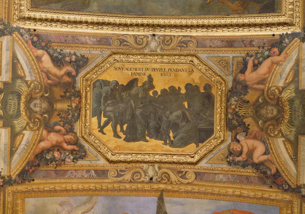 Aiutare il popolo durante la carestia del 1662, dipinto sul soffitto della Galerie des Glaces da Charles Le Brun