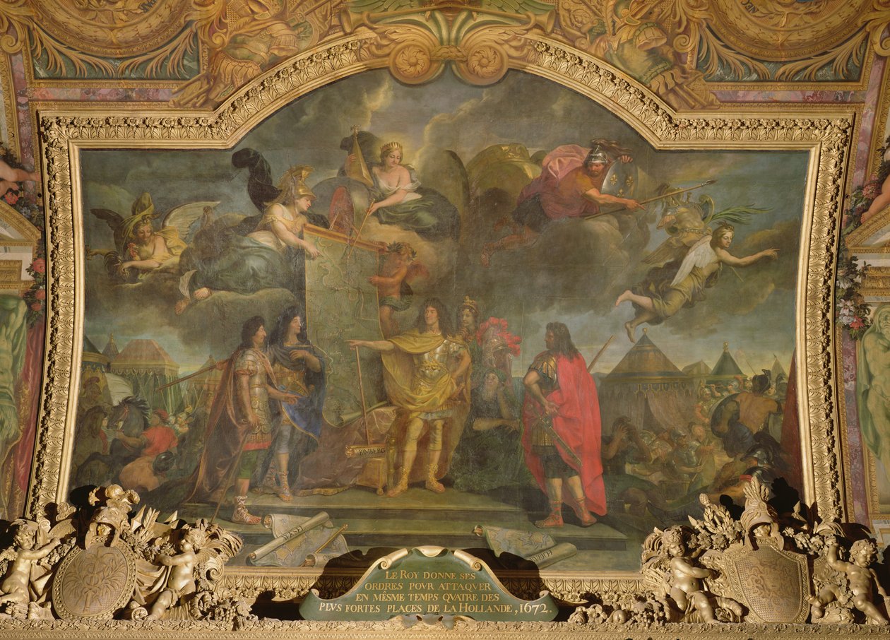 Il re Luigi XIV (1638-1715) ordina di attaccare simultaneamente quattro delle posizioni olandesi più forti nel 1672, dipinto sul soffitto della Galerie des Glaces da Charles Le Brun