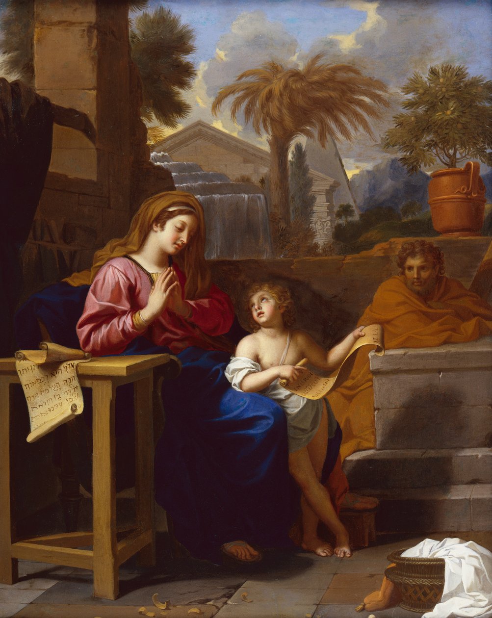 La Sacra Famiglia in Egitto con il Bambino Gesù che legge una scrittura ebraica da Charles Le Brun