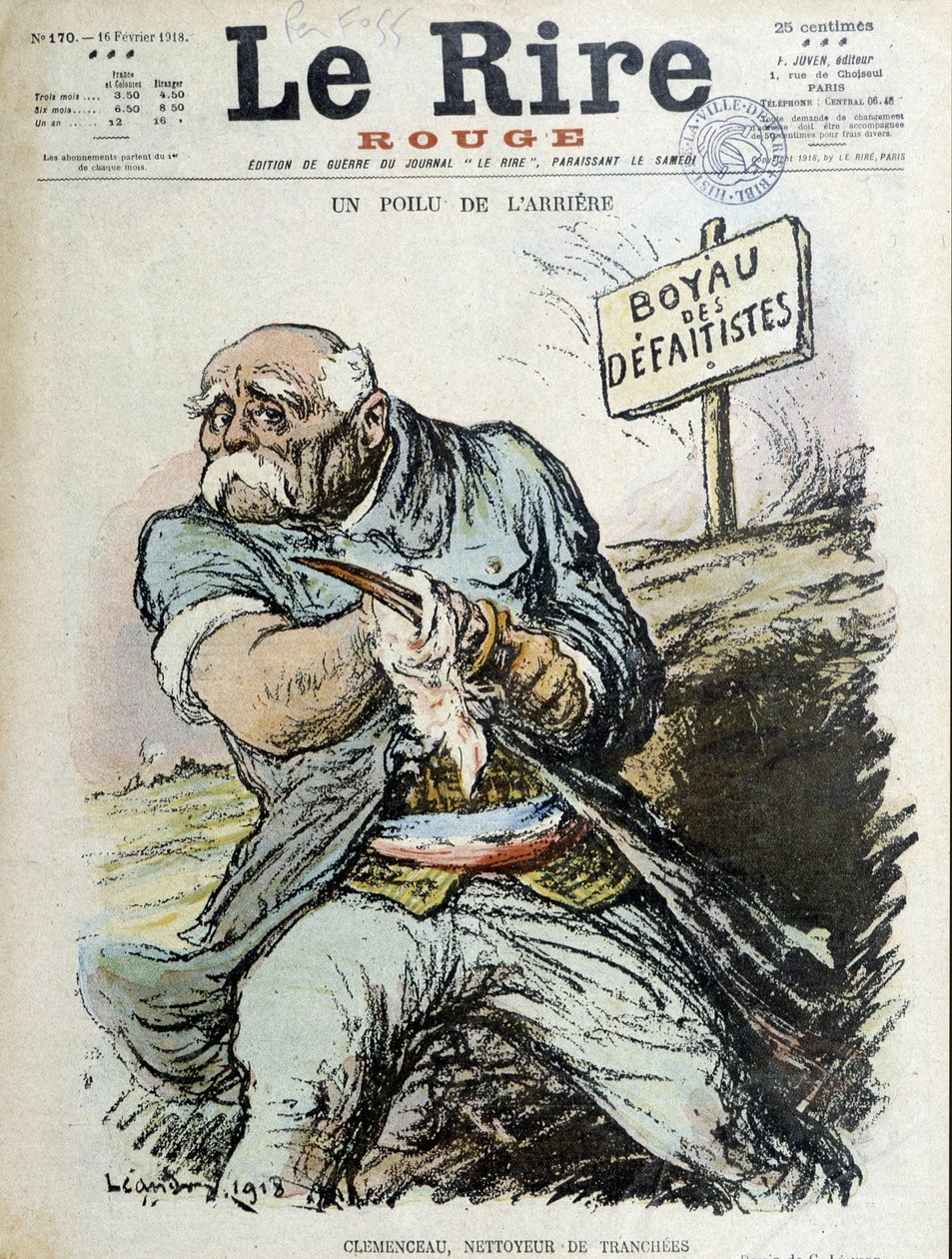 Un posteriore peloso: Clemenceau, pulitore di trincee. Copertina di "Il Riso" del 16/02/1918 da Charles Leandre