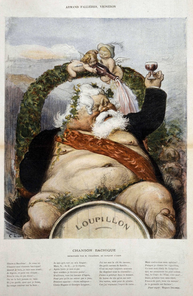 Armand Fallières, viticoltore: caricatura di Fallières en Bacchus (Bacco) - in "le Rire" di ott. 1906 da Charles Leandre