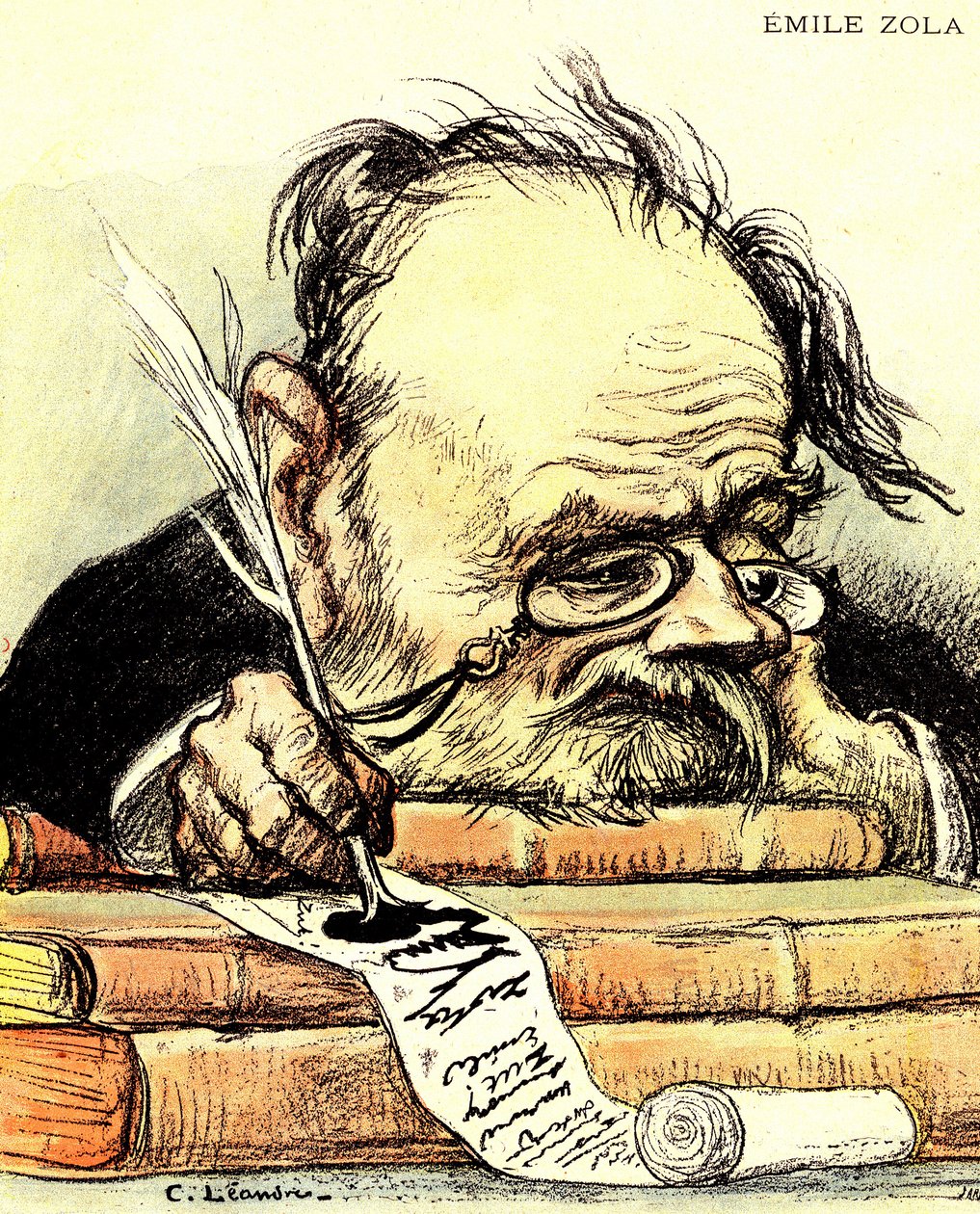 Cartone animato di Emile Zola (1840-1902) che scrive, visibilmente privo di ispirazione - Illustrazione di Charles Leandre in 
