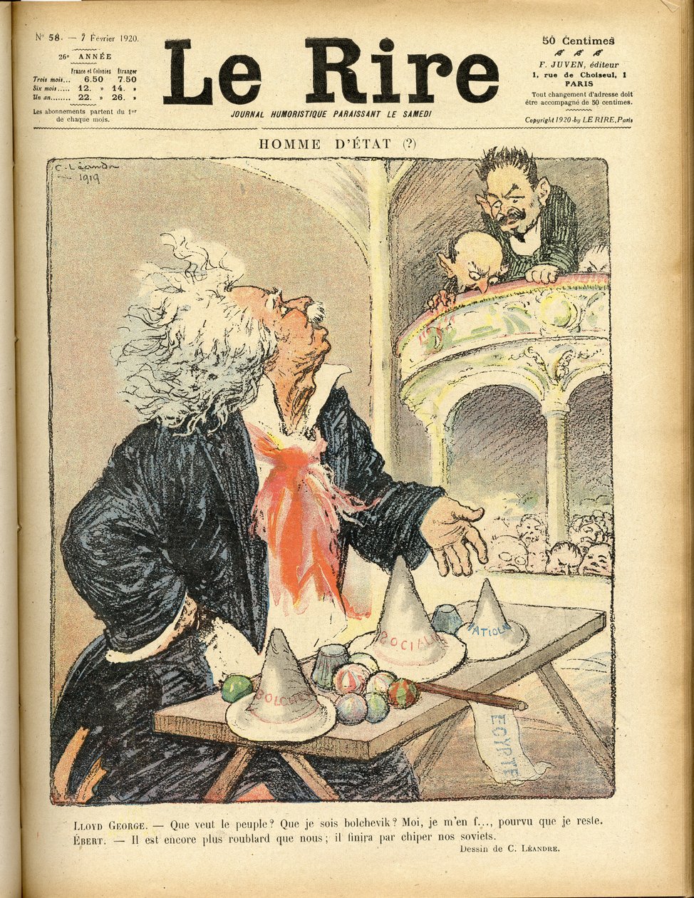 Illustrazione per la copertina di Le Rire, 07/02/1920 - Statista - David Lloyd George e Ebert Friedrich (1871-1925) da Charles Leandre