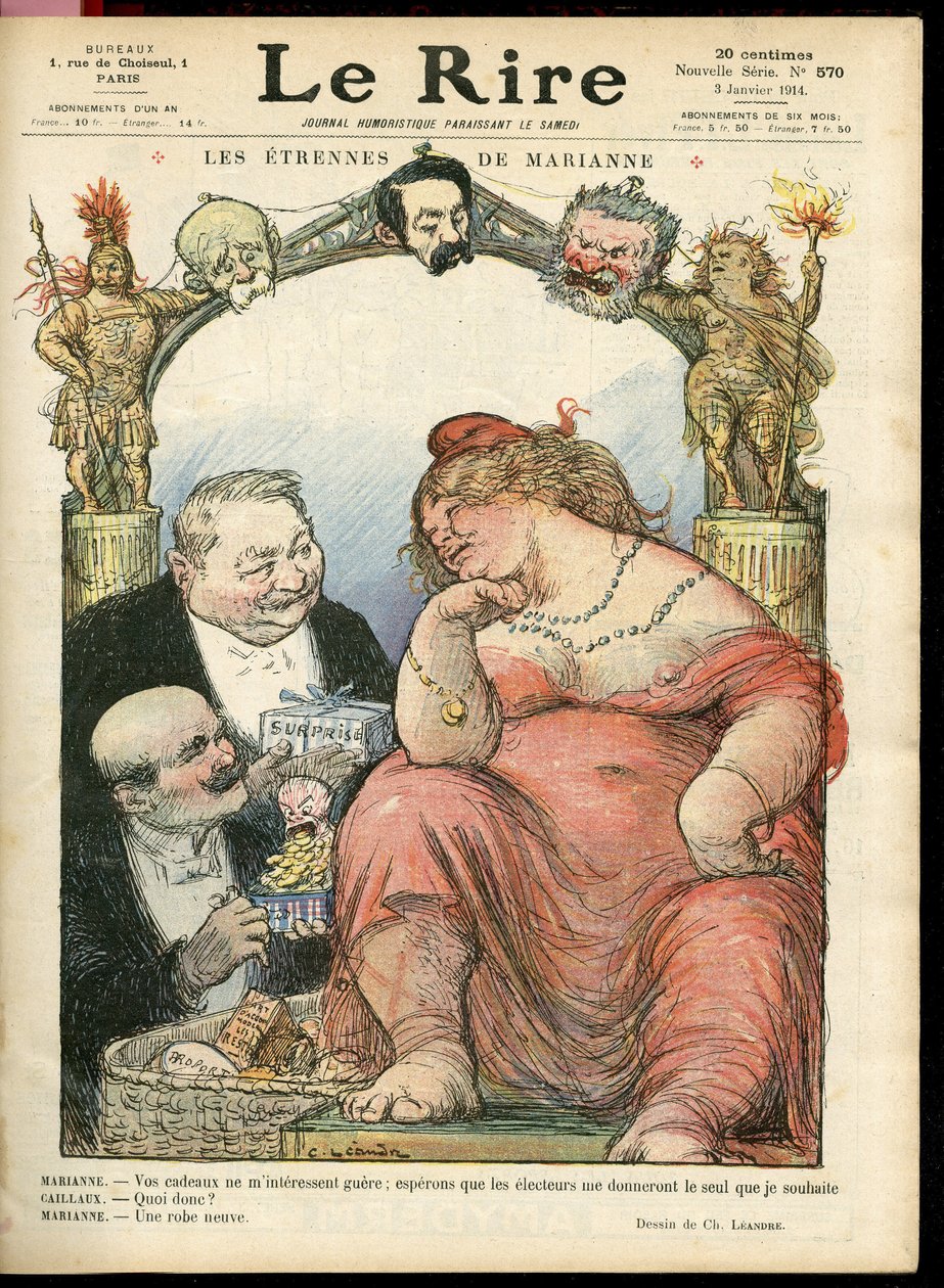 Illustrazione di Charles Léandre (1862-1934) per la copertina di Le Rire, 03/01/14 - Les étrennes de Marianne - Tribuno - Clemenceau George, Jaurès Jean, Briand Aristide, Marianne, Caillaux Joseph (1863-1944) da Charles Leandre