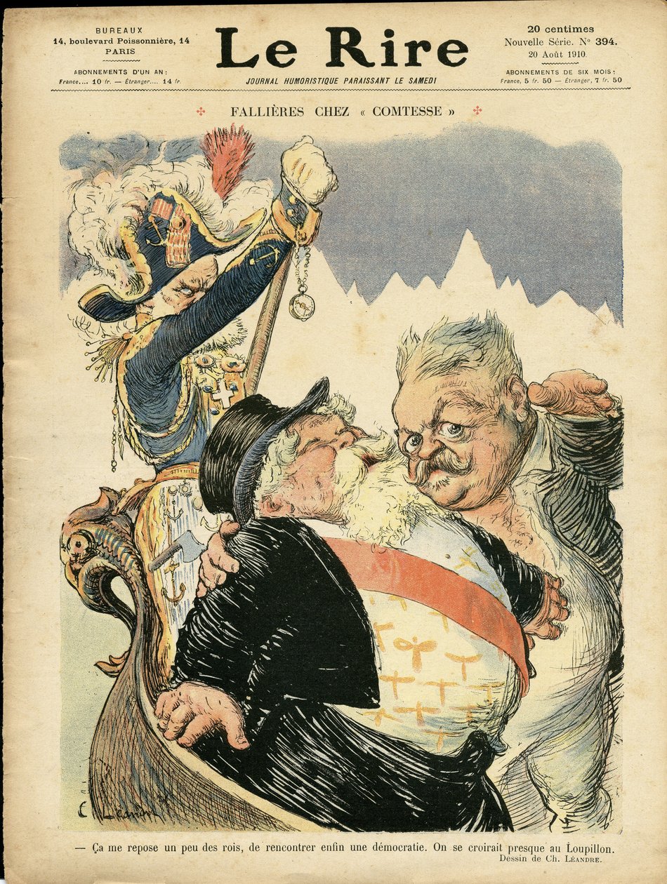 Illustrazione di Charles Leandre (1862-1934) per la copertina di Le Rire, 20/08/10 - Fallieres alla Contessa - Italia, Presidente della Repubblica, Cappello, Identificatore, Venezia - Fallieres Armand (1841-1931) da Charles Leandre