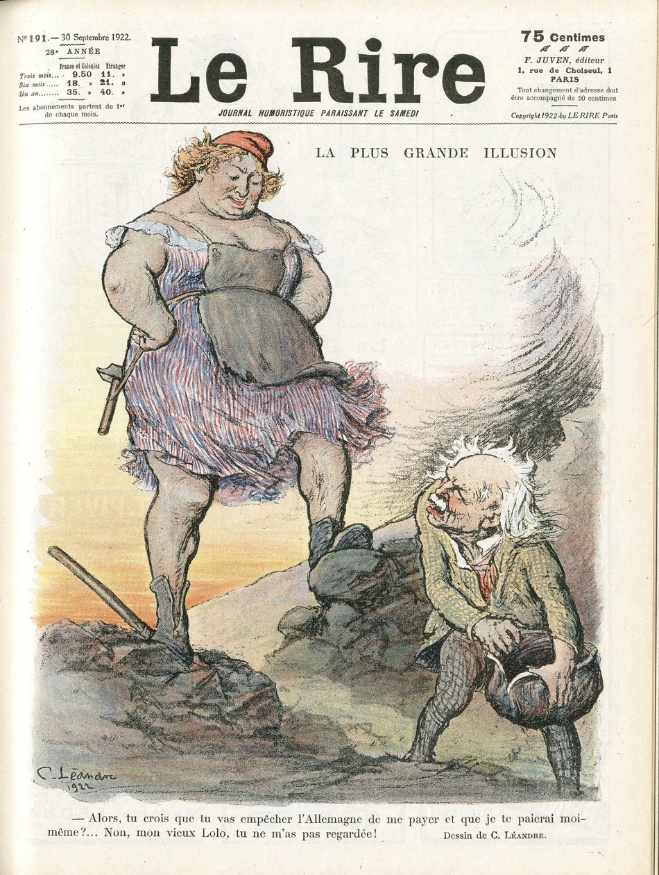 Illustrazione di Charles Leandre (1862-1934) per la copertina di Le Rire, 30/09/22 - La più grande illusione - Germania Prussia, Inghilterra Gran Bretagna, Riparazioni - Marianne, David Lloyd George (1863-1945) - Trivialità da Charles Leandre