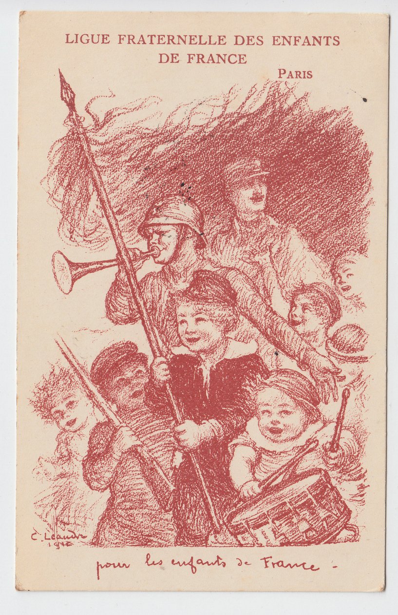Cartolina, Satirico a Colori: Ligue fraternelle des enfants de France - Guerra del 14-18, Infanzia, Giornate patriottiche Illustrazione di Charles Leandre (1862-1934) da Charles Leandre