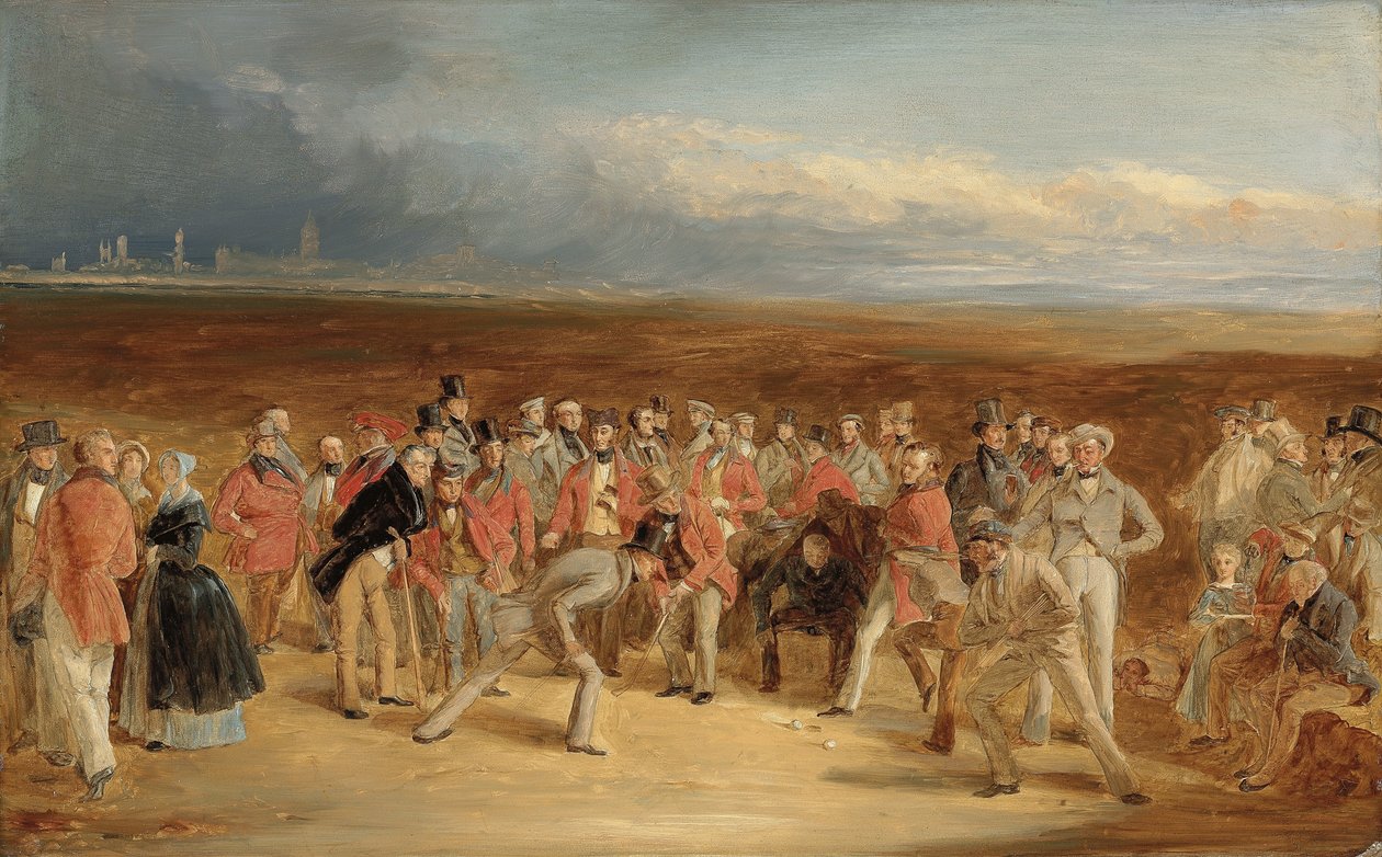 Il bozzetto finito per I Golfisti: Una grande partita giocata sui campi di St. Andrews da Sir David Baird, Bt. e Sir Ralph Anstruther, Bt. di Balcaskie, contro il Maggiore Playfair e John Campbell, Esq., di Glensaddell, nel 1850 da Charles Lees