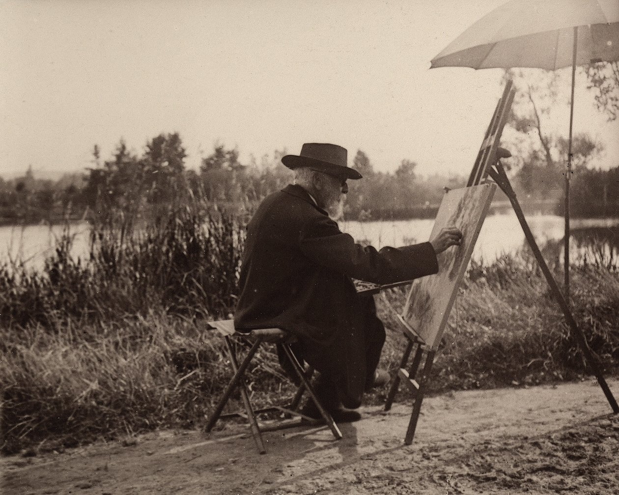 Il pittore Lhermitte Léon (1844-1925), mentre lavora sulla riva della Marna, non lontano dalla sua proprietà, circa 1914-1915, Francia da Charles Lhermitte