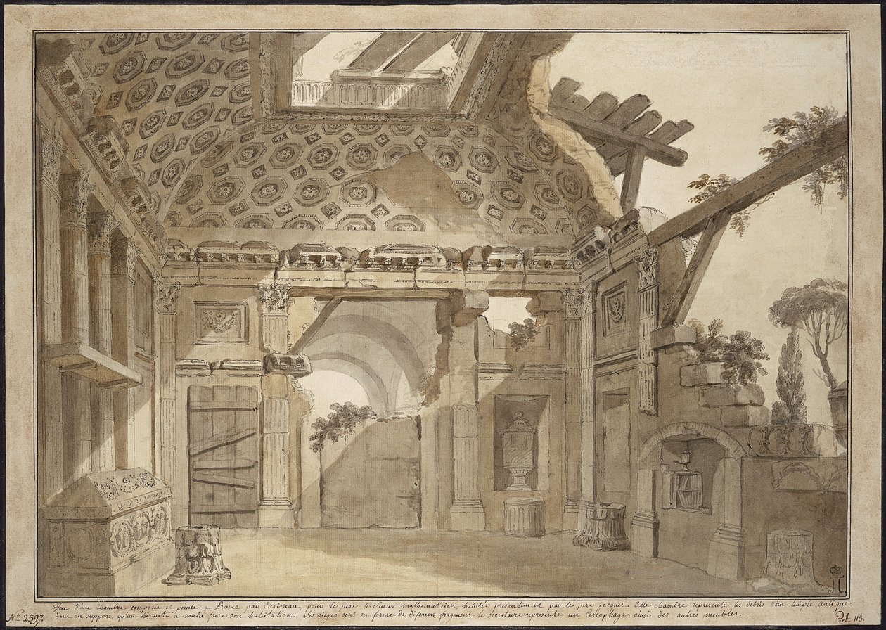 Progetto per i dipinti nella cella di Padre Lesueur nel Monastero della Santissima Trinità dei Monti a Roma - Charles Louis Clerisseau (1722-1820). Penna, pennello, inchiostro grigio e marrone, bianco su carta, ca 1760. Dimensioni: 36,9x53 cm. State Hermit da Charles Louis Clerisseau