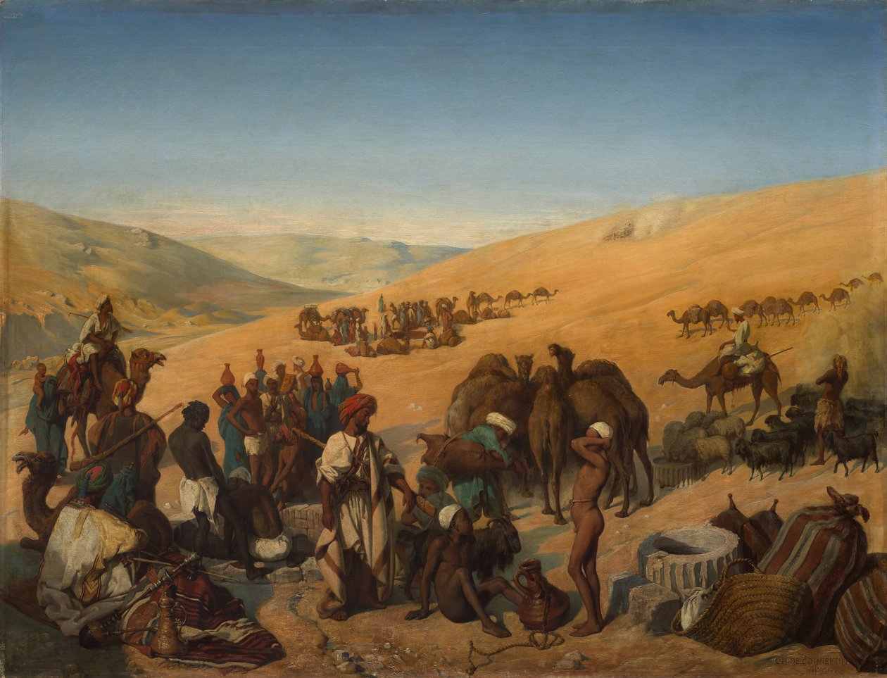 Sosta delle carovane ai pozzi di Saba Beersheba nel deserto a sud di Hebron da Charles Louis Fredy de Coubertin