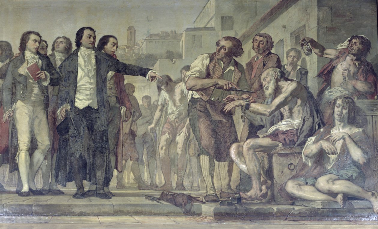 Philippe Pinel libera i pazzi dalle loro catene al manicomio di Bicetre a Parigi nel 1793, (dettaglio) da Charles Louis Lucien Muller