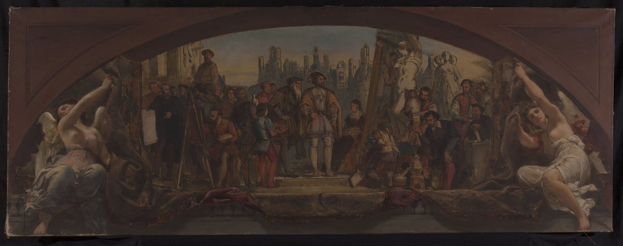 Schizzo per il Padiglione Denon al Louvre: Le quattro età della vita artistica in Francia - Presentazione a Francesco I dei piani per il Castello di Fontainebleau da Charles Louis Lucien Muller