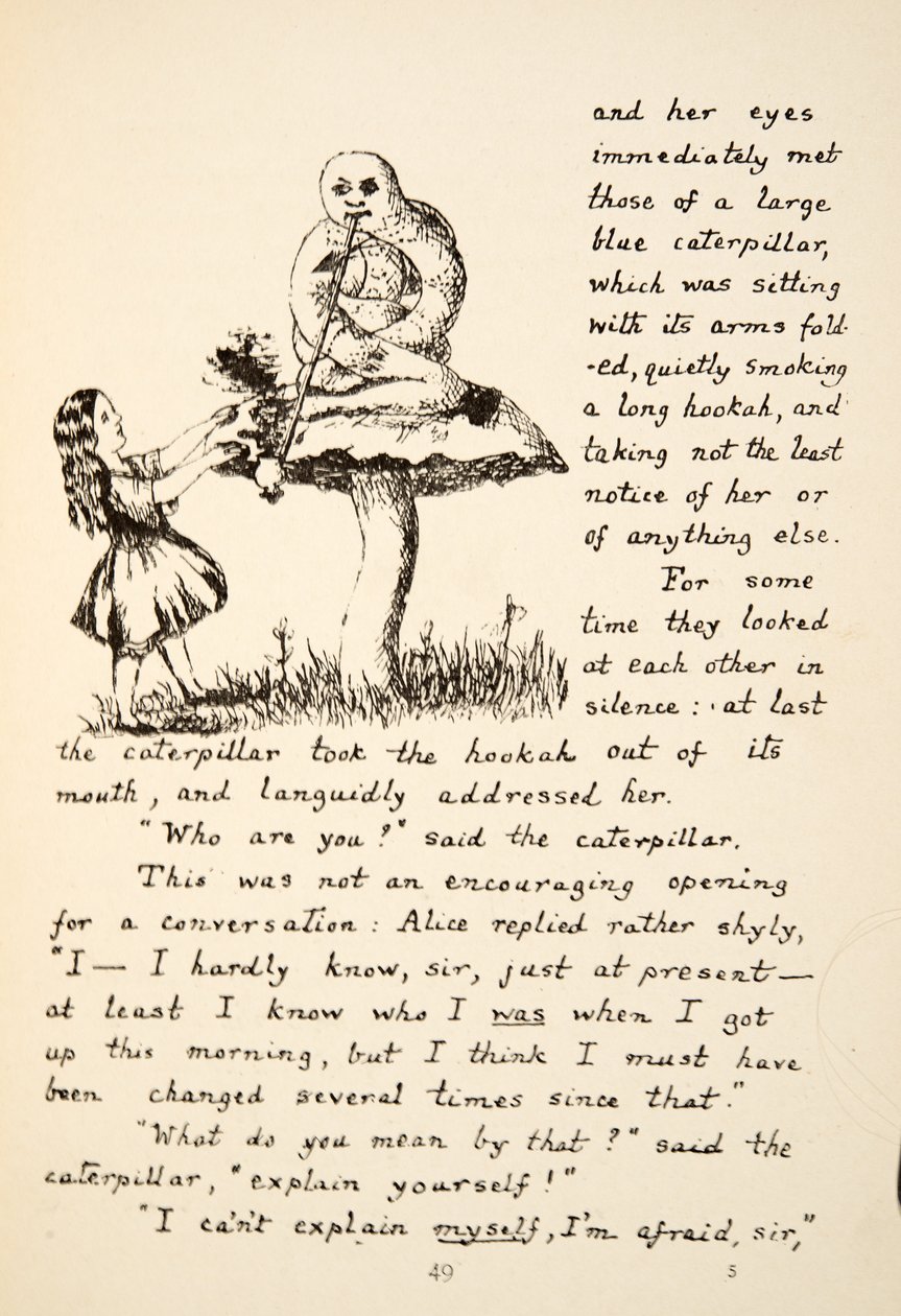 Alice riceve consigli dal Bruco Blu, illustrazione da Le avventure di Alice sottoterra, pub. 1886 (facsimile) da Charles Lutwidge Dodgson