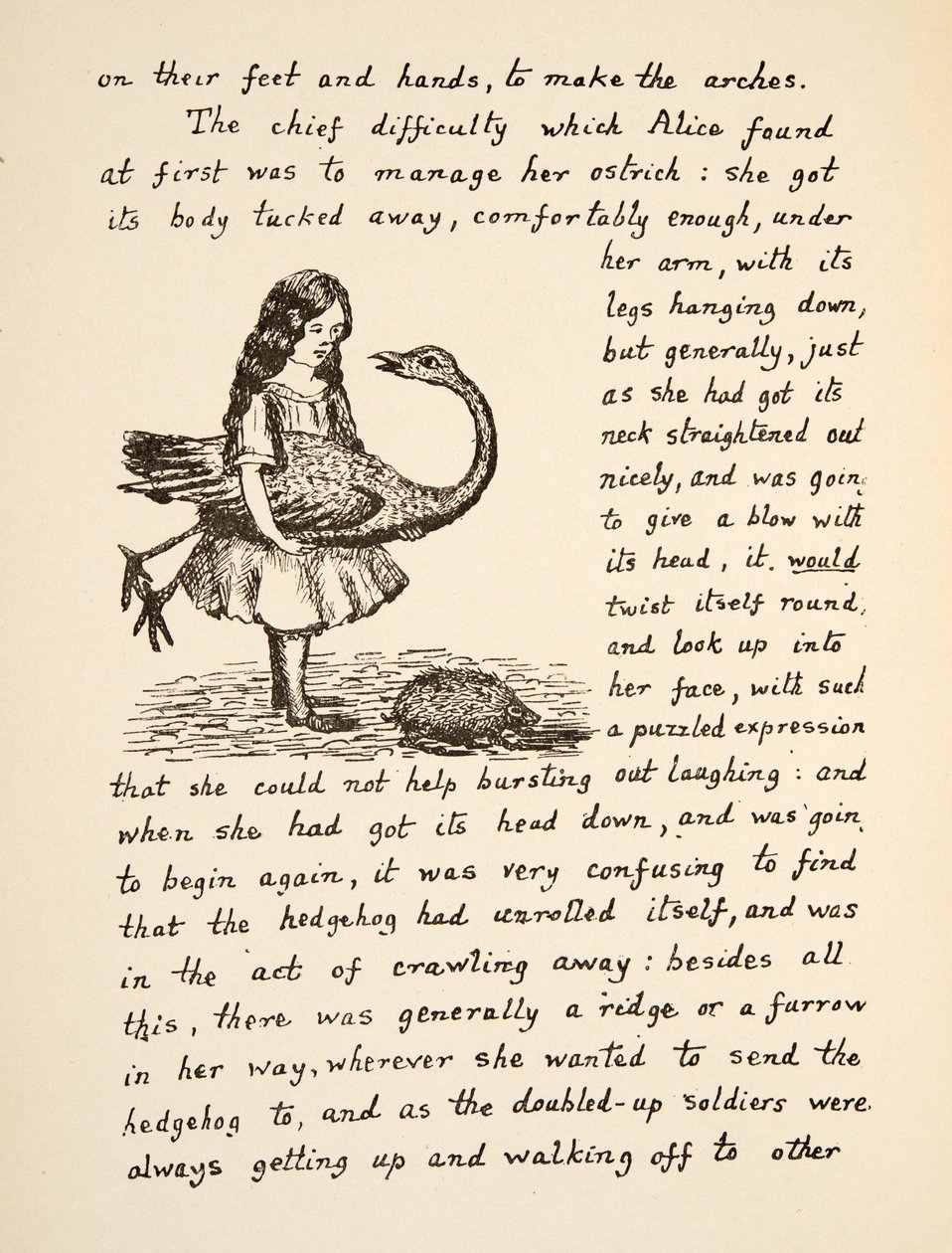 Alice con il suo struzzo, illustrazione da Le avventure di Alice sottoterra, pub. 1886 (facsimile) da Charles Lutwidge Dodgson
