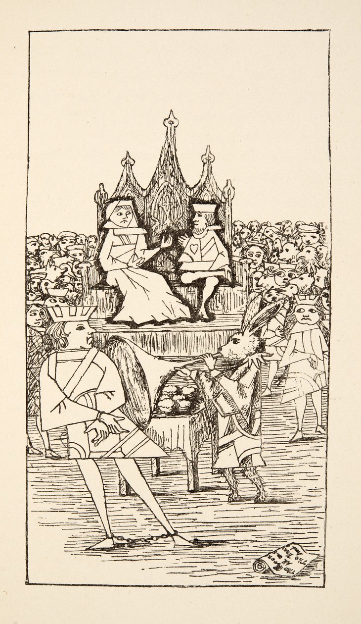 Processo del Fante di Cuori, illustrazione da Le avventure di Alice nel sottosuolo, pub. 1886 da Charles Lutwidge Dodgson