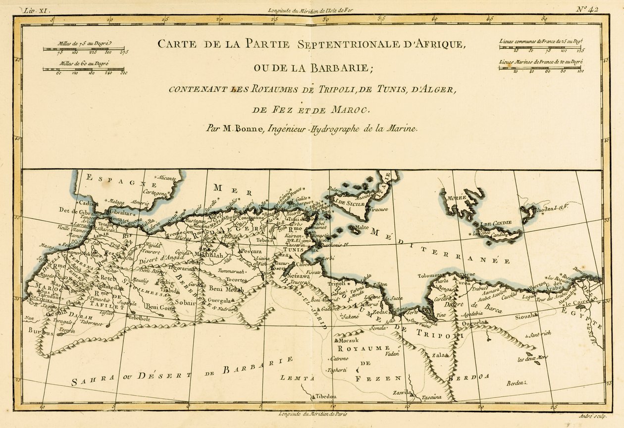 Nord Africa, inclusi i regni di Tripoli, Tunisi, Algeri; Fez e Marocco, da Atlas de Toutes les Parties Connues du Globe Terrestre di Guillaume Raynal, pubblicato a Ginevra, 1780 da Charles Marie Rigobert Bonne
