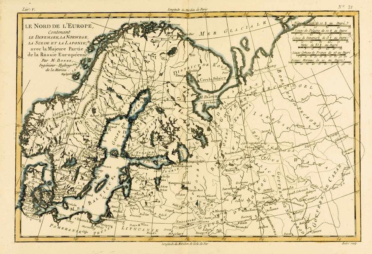 Europa settentrionale, inclusi Danimarca, Norvegia, Svezia e Lapponia, con la maggior parte della Russia occidentale, da Atlas de Toutes les Parties Connues du Globe Terrestre di Guillaume Raynal, pubblicato a Ginevra da Charles Marie Rigobert Bonne