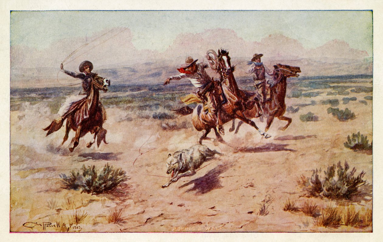 Cowboy che inseguono un lupo di prateria da Charles Marion Russell