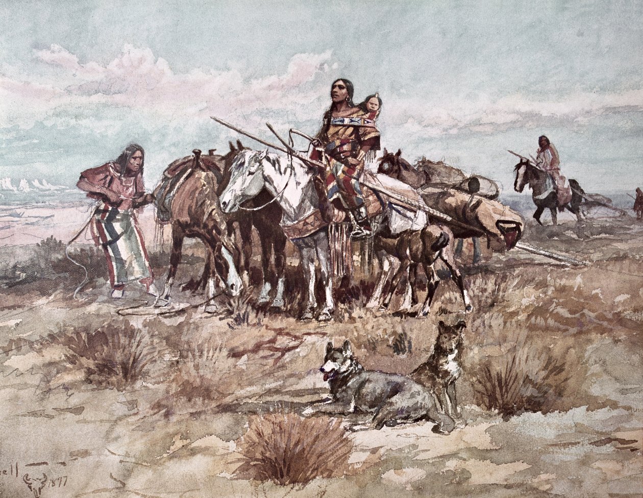 Nativi americani delle Pianure che spostano il campo da Charles Marion Russell